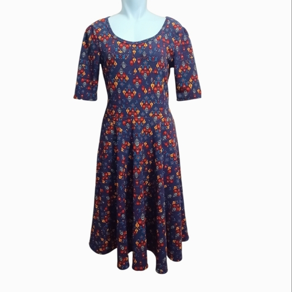 LuLaRoe Dresses & Skirts - LuLaRoe Nicole Navy Design Print Dress Red Aqua Turquoise Yellow Size Large